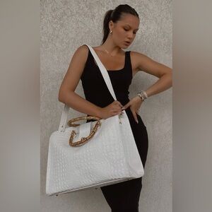 Chic White Croc-Embossed Tote with Bamboo Handles